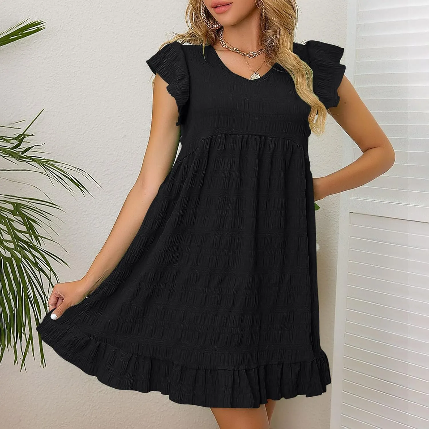 Tunic Dresses for Women Wedding Guest Cute Ruffle Sleeve Mini Babydoll Tank Dress Casual Beach Vacation Summer Dresses