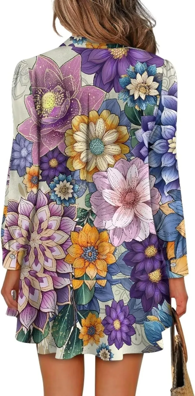 Tunic Mini Shirt Dress for Women Long Sleeve Ruffle Hem Shift Dress Fall Button Down Collared Dress S-2XL