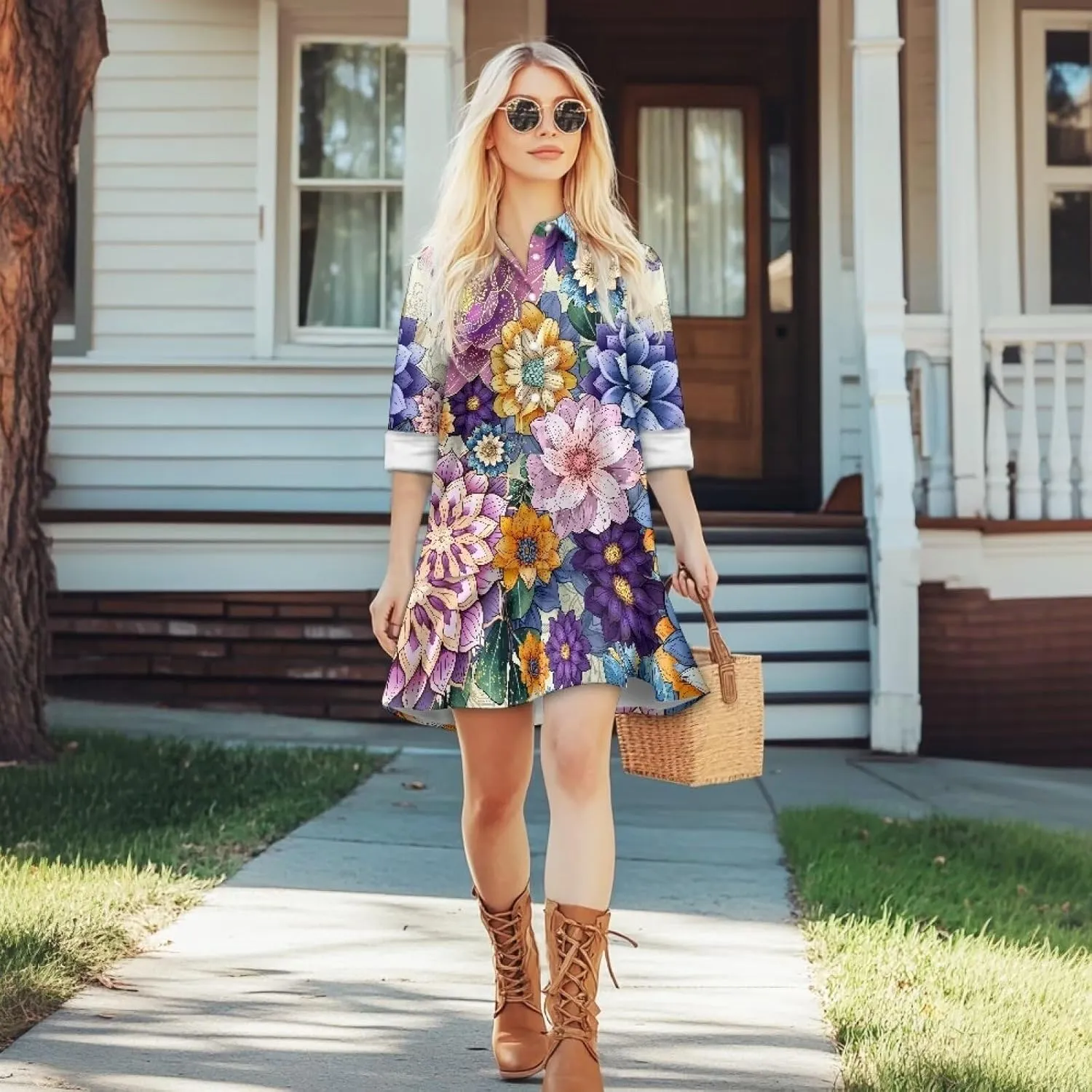 Tunic Mini Shirt Dress for Women Long Sleeve Ruffle Hem Shift Dress Fall Button Down Collared Dress S-2XL