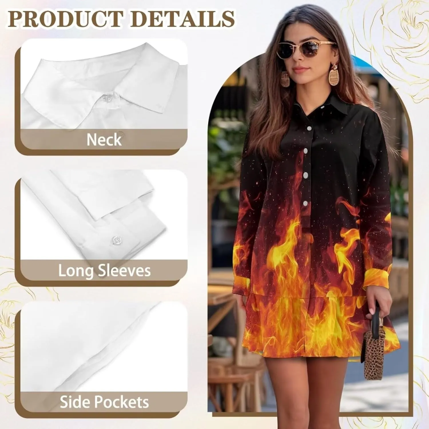 Tunic Mini Shirt Dress for Women Long Sleeve Ruffle Hem Shift Dress Fall Button Down Collared Dress S-2XL