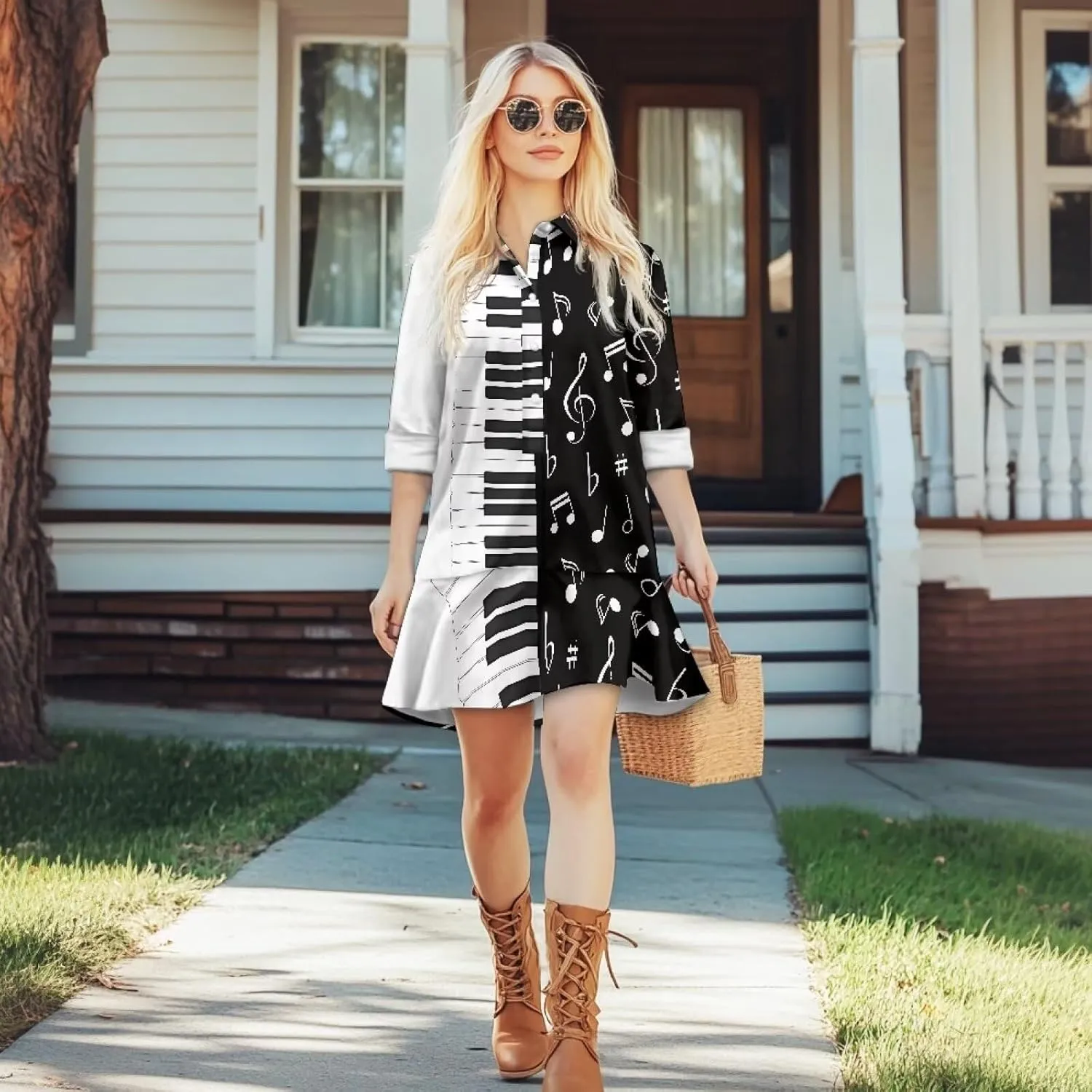 Tunic Mini Shirt Dress for Women Long Sleeve Ruffle Hem Shift Dress Fall Button Down Collared Dress S-2XL