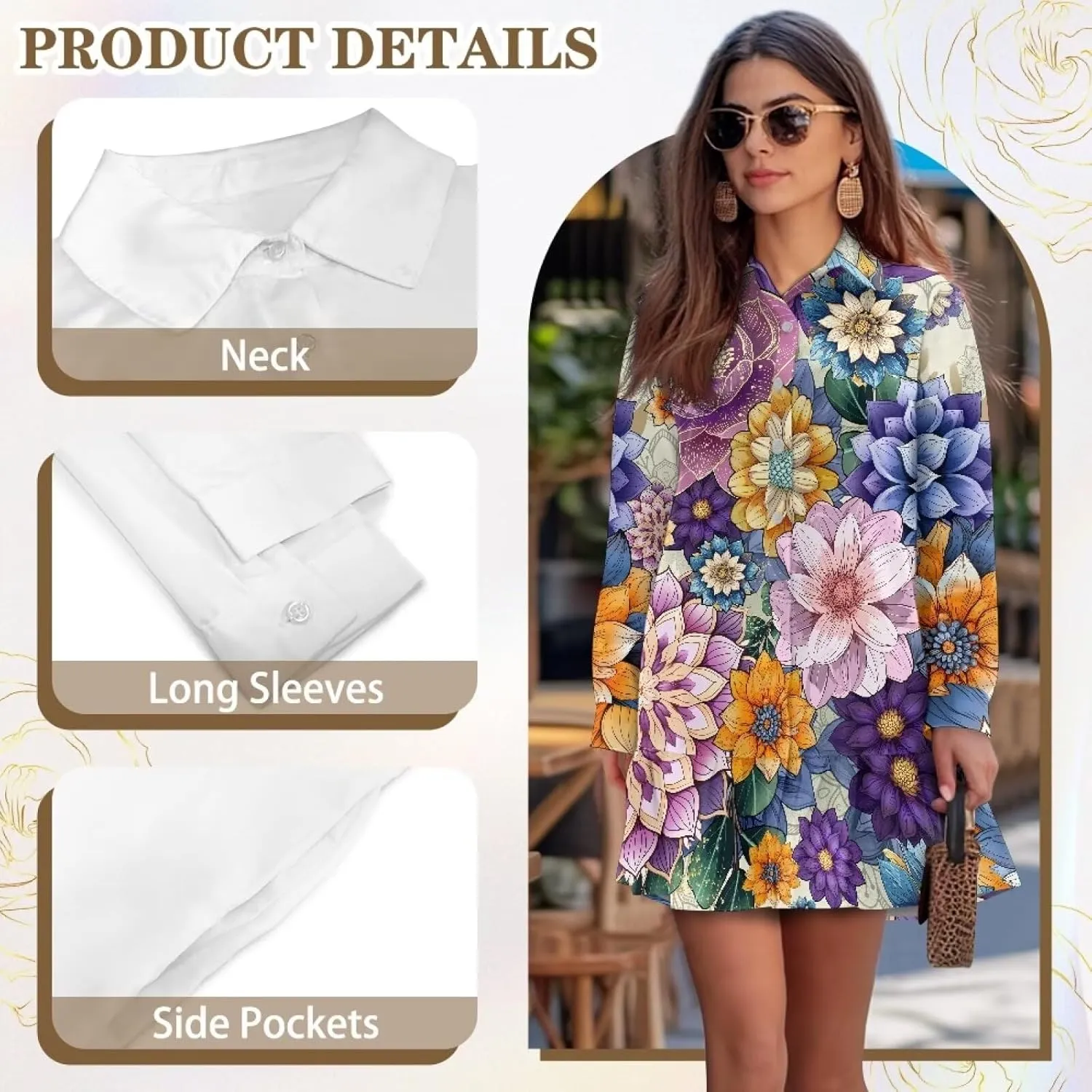 Tunic Mini Shirt Dress for Women Long Sleeve Ruffle Hem Shift Dress Fall Button Down Collared Dress S-2XL