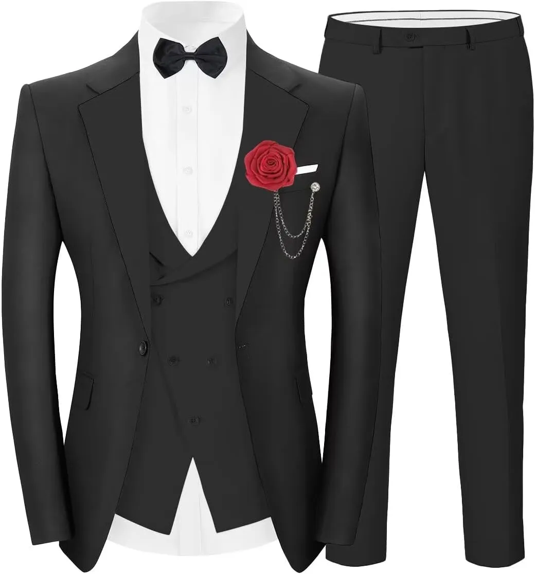 Tuxedo 3 Piece Men's Suit Slim Fit Blazer Jacket Vest Pants Set for Prom Formal One Button Tux Suits