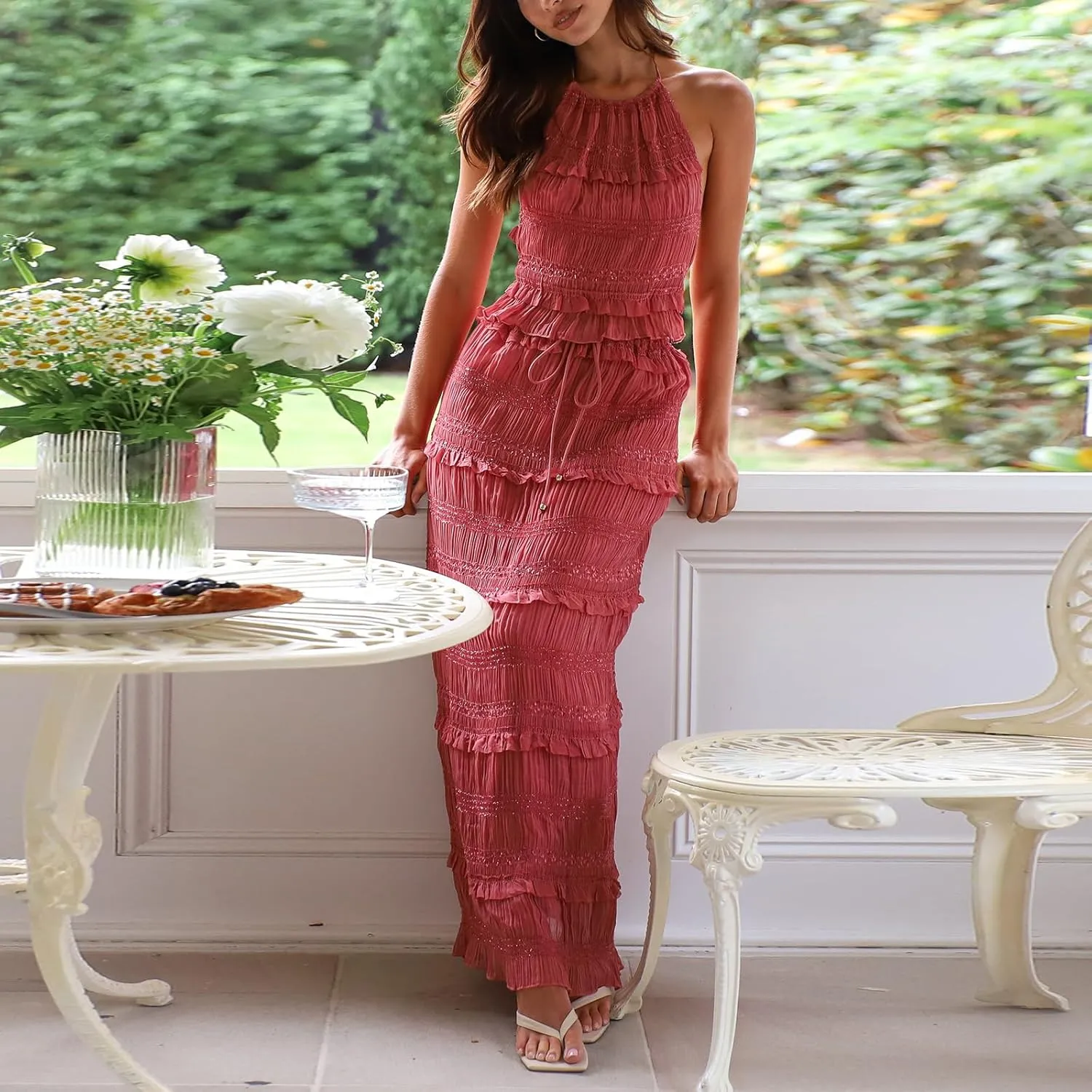 Two Piece Maxi Skirt Set Women Y2k Sexy Lace Sheer Halter Top and Smocked Pleated Long Maxi Sets 2 Piece Outfits