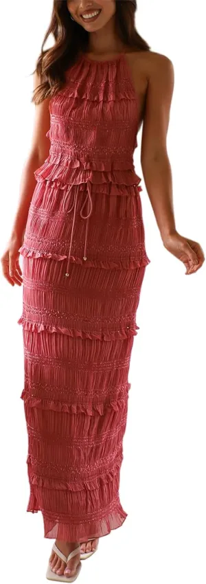 Two Piece Maxi Skirt Set Women Y2k Sexy Lace Sheer Halter Top and Smocked Pleated Long Maxi Sets 2 Piece Outfits