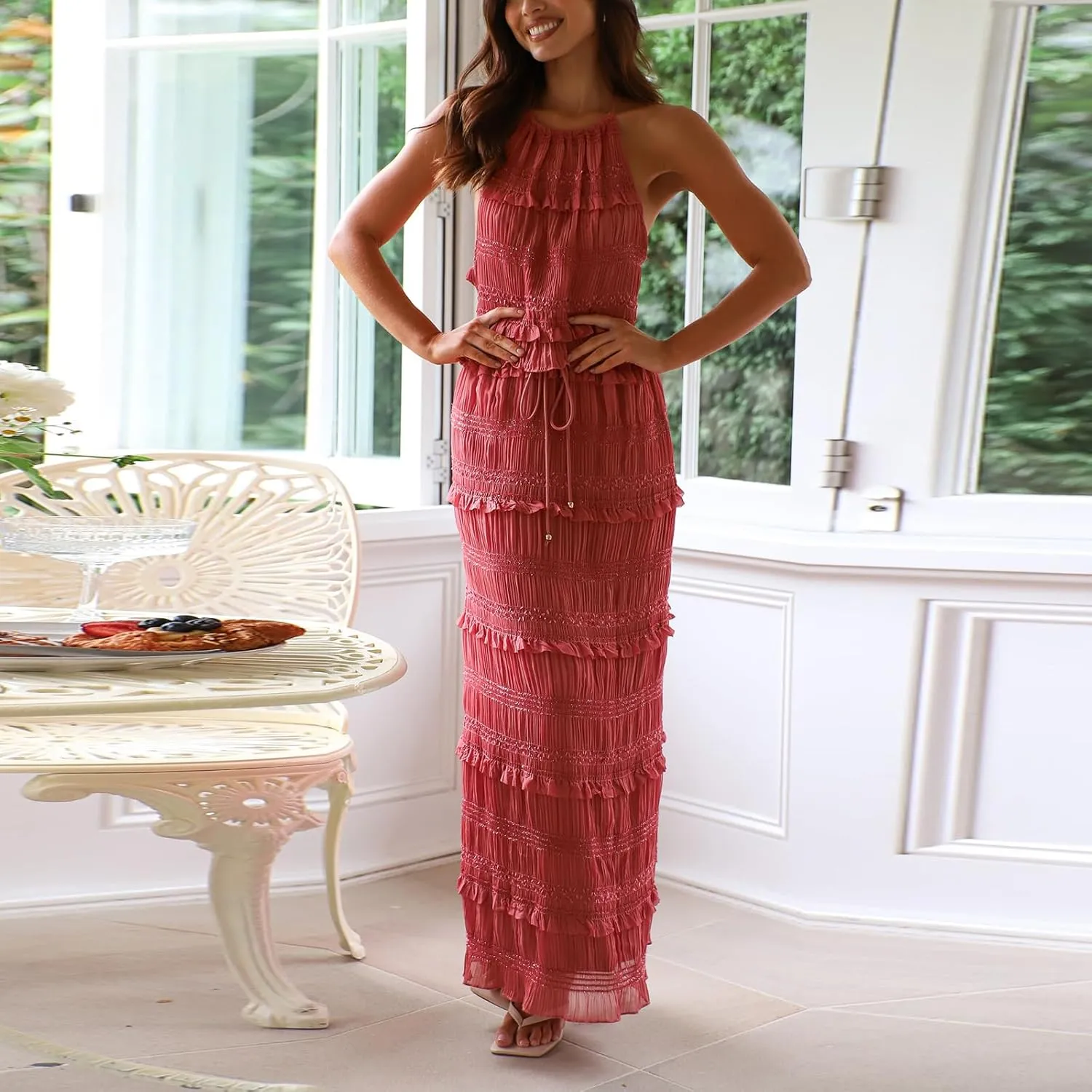 Two Piece Maxi Skirt Set Women Y2k Sexy Lace Sheer Halter Top and Smocked Pleated Long Maxi Sets 2 Piece Outfits
