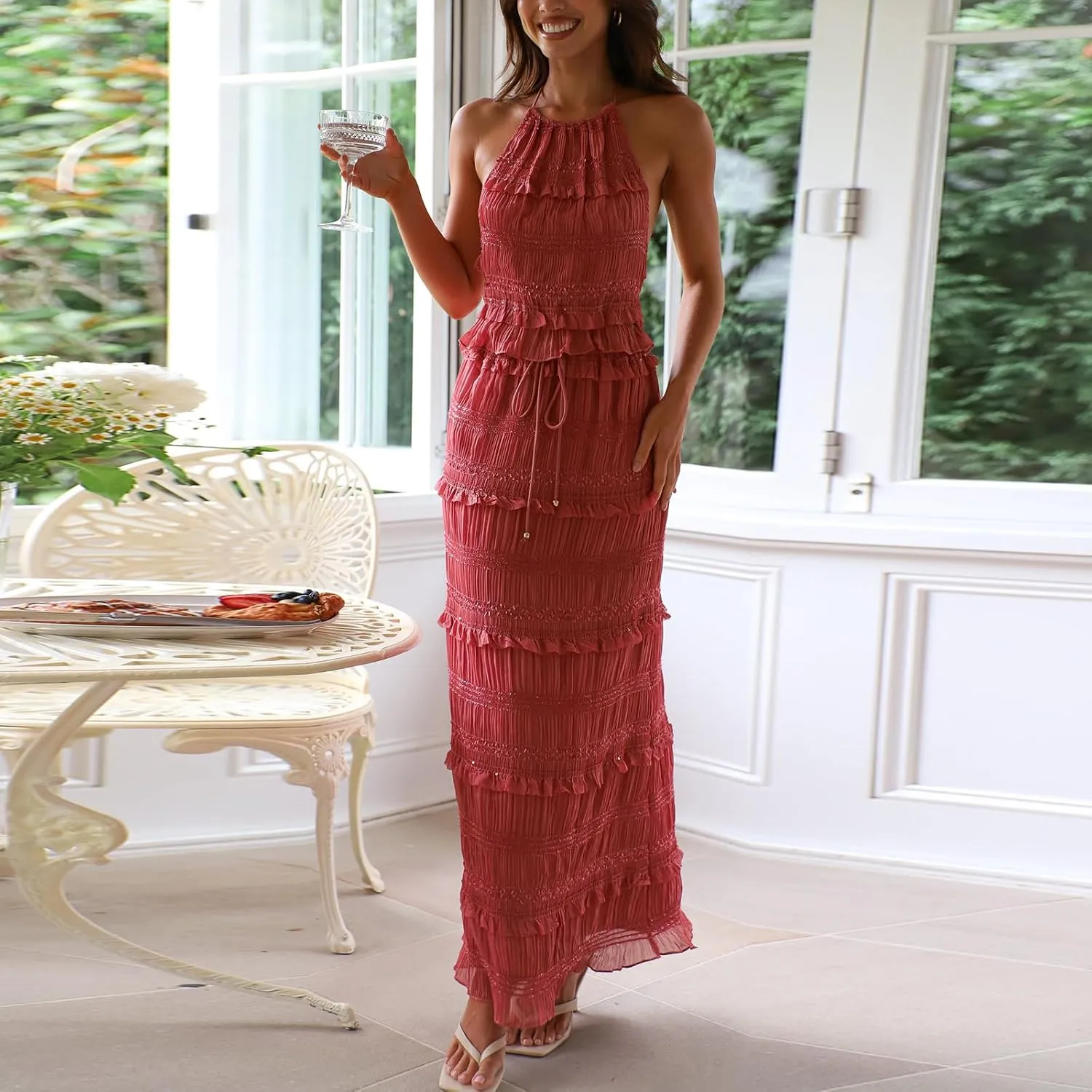 Two Piece Maxi Skirt Set Women Y2k Sexy Lace Sheer Halter Top and Smocked Pleated Long Maxi Sets 2 Piece Outfits
