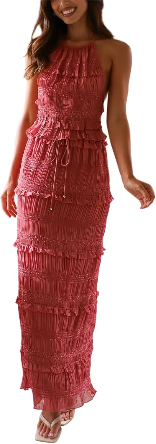 Two Piece Maxi Skirt Set Women Y2k Sexy Lace Sheer Halter Top and Smocked Pleated Long Maxi Sets 2 Piece Outfits