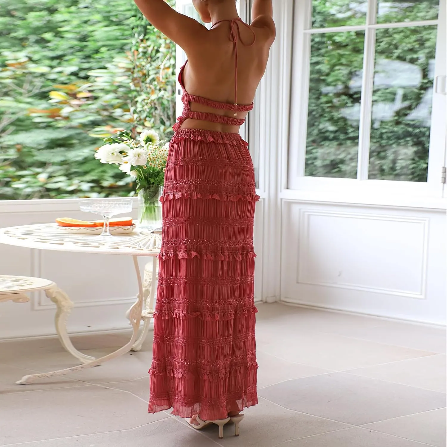 Two Piece Maxi Skirt Set Women Y2k Sexy Lace Sheer Halter Top and Smocked Pleated Long Maxi Sets 2 Piece Outfits