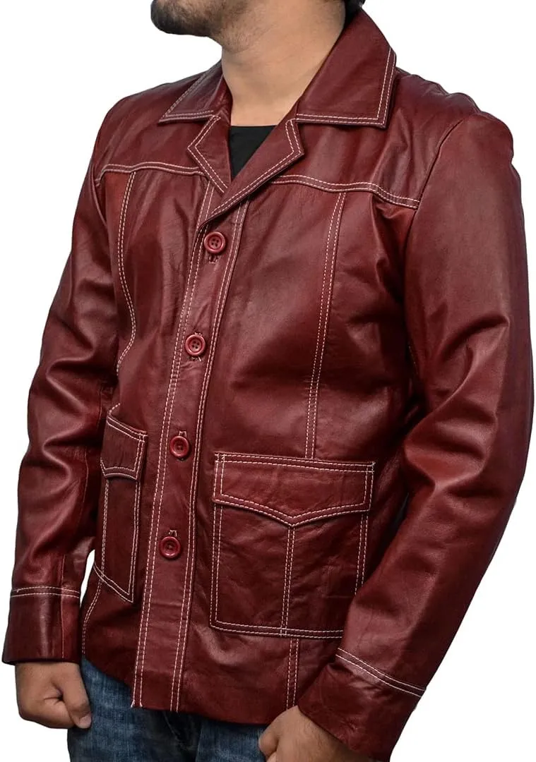 Tyler Durden Jacket Men-Fight club jacket for men-Tyler Durden Brad Pitt Maroon Faux Leather Coat Jacket