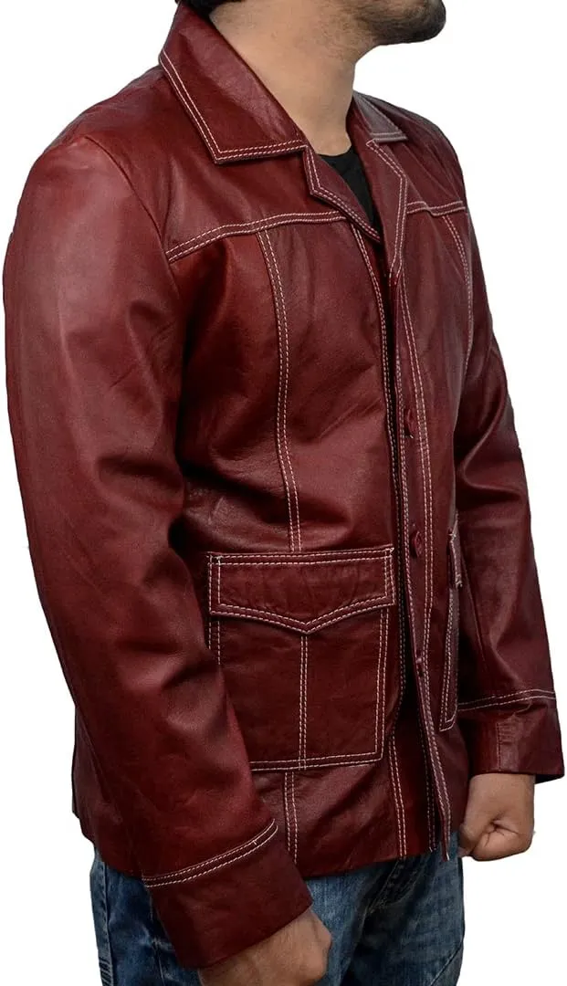 Tyler Durden Jacket Men-Fight club jacket for men-Tyler Durden Brad Pitt Maroon Faux Leather Coat Jacket