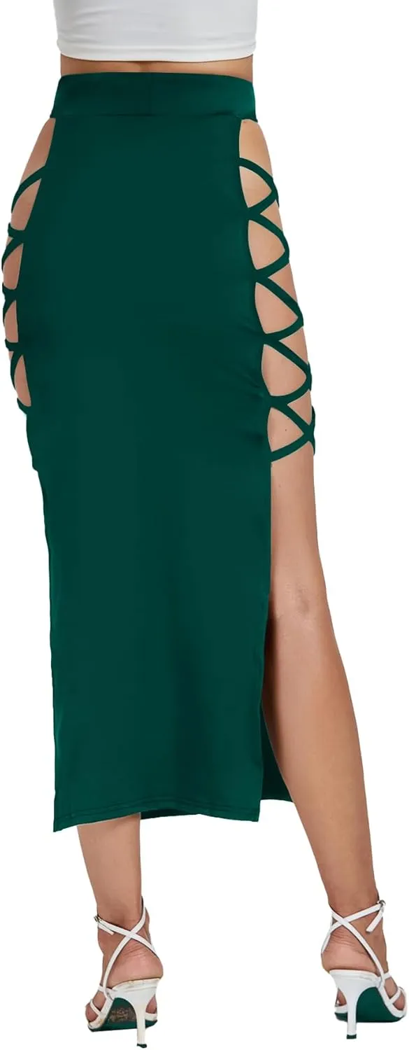 Umenlele Women's Sexy Split Thigh Cut Out Lace Up Side High Waist Midi Skirt