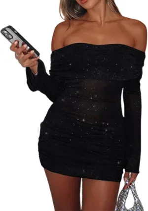 Uni Clau Women Sexy Off Shoulder Sparkly Mini Dresses Long Sleeve Bodycon Ruched Y2K Dress Mesh Birthday Party Club Dress