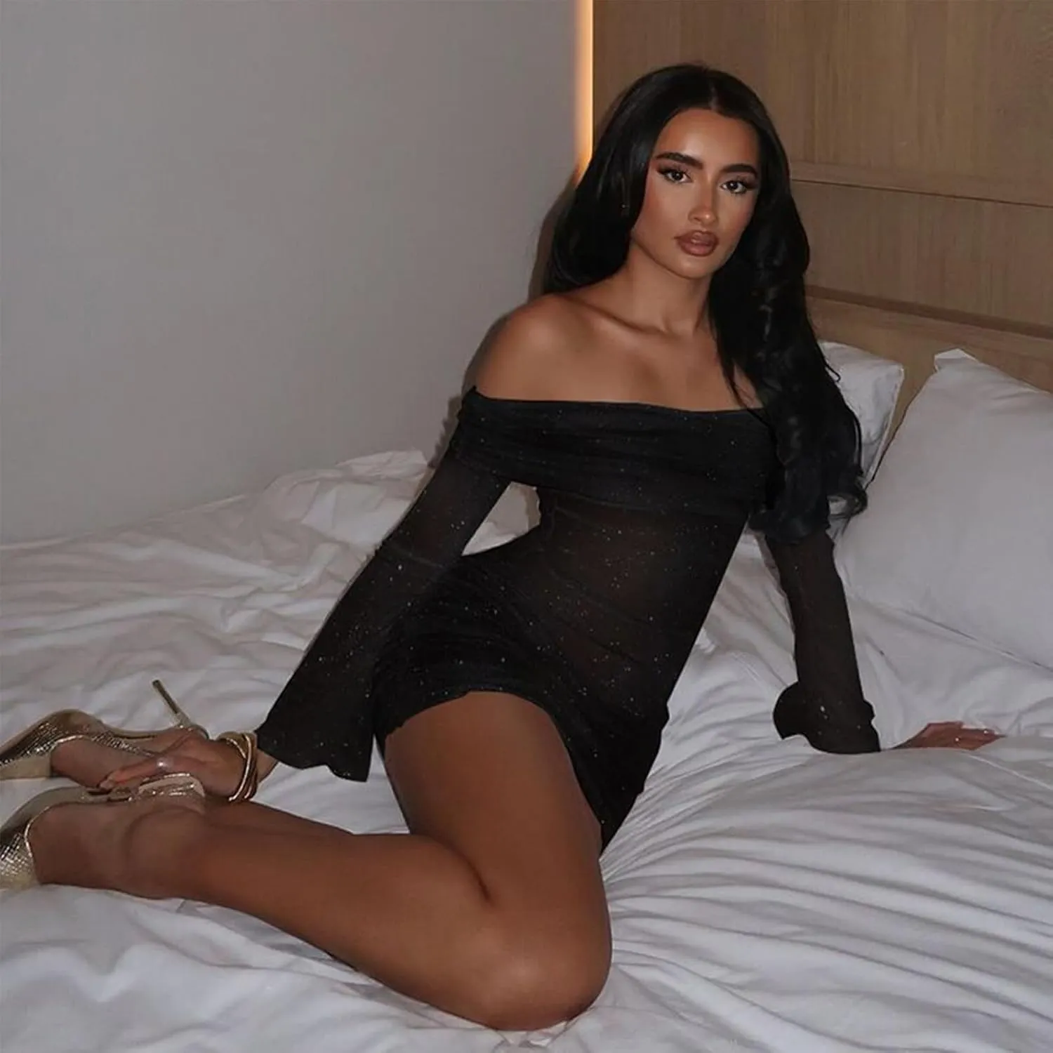 Uni Clau Women Sexy Off Shoulder Sparkly Mini Dresses Long Sleeve Bodycon Ruched Y2K Dress Mesh Birthday Party Club Dress