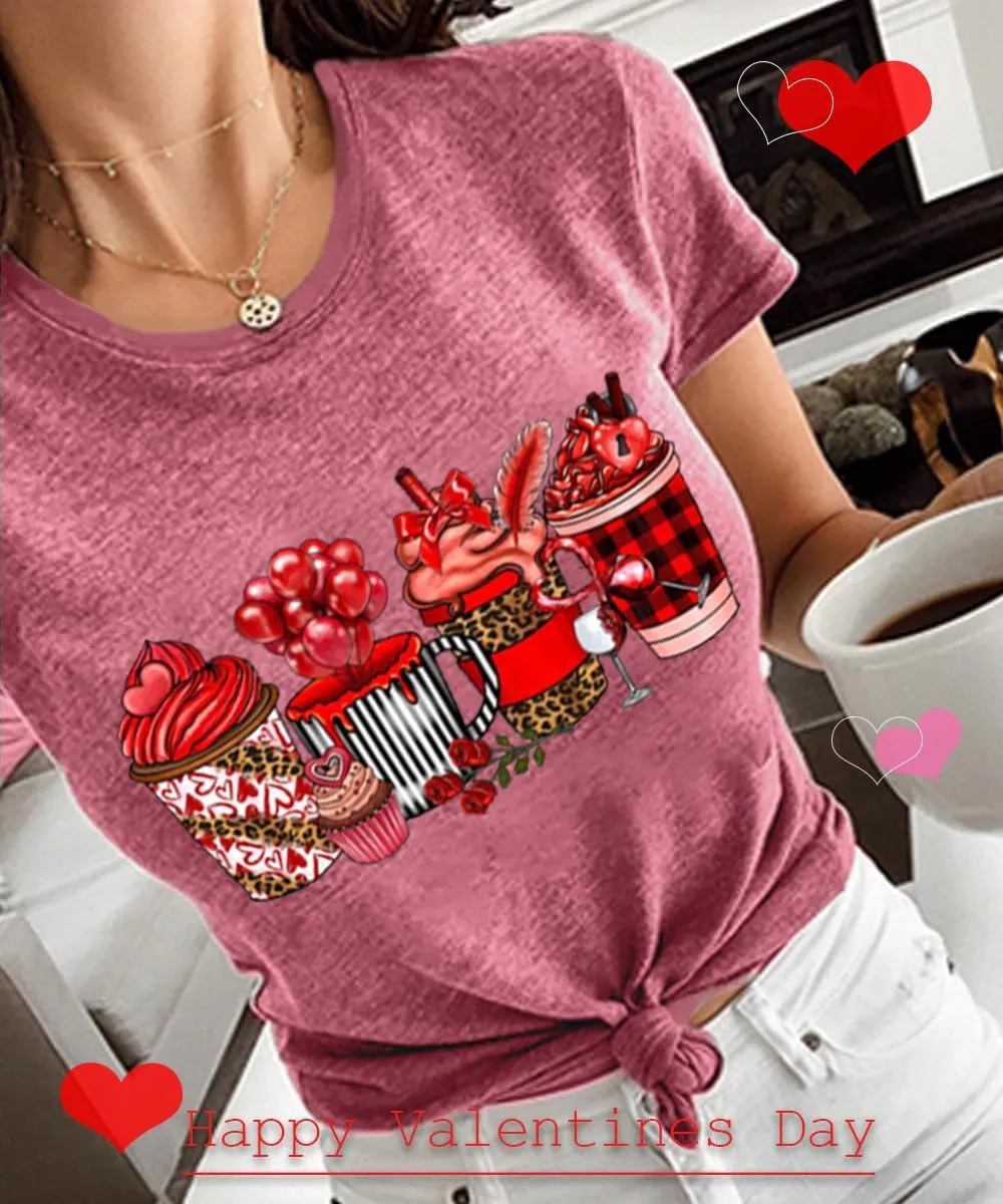 Valentines Shirts for Women Cute Coffee Latte Graphic Holiday Casual Outfit Short Sleeve Tops