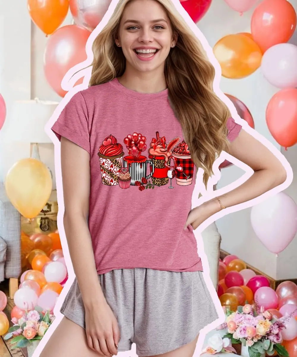 Valentines Shirts for Women Cute Coffee Latte Graphic Holiday Casual Outfit Short Sleeve Tops