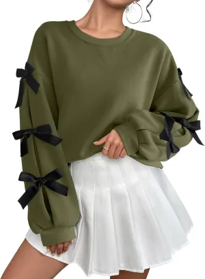 Verdusa Women's 3D Bow Sweatshirt Round Neck Long Sleeve Pullover Tops