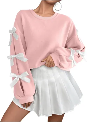 Verdusa Women's 3D Bow Sweatshirt Round Neck Long Sleeve Pullover Tops
