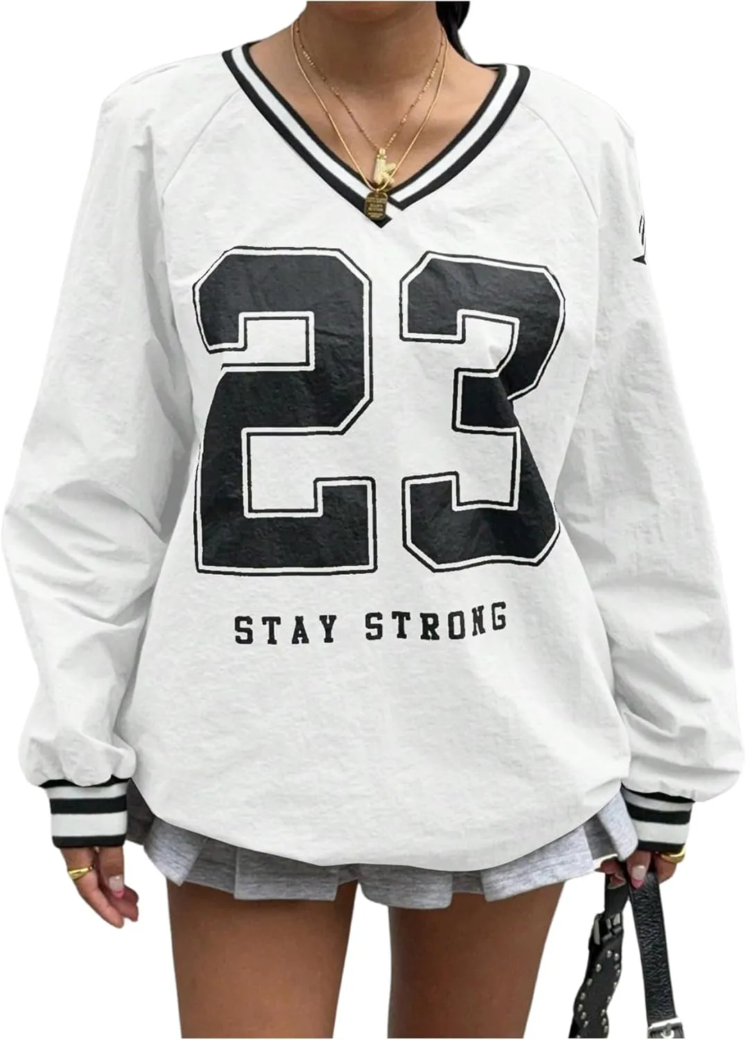 Verdusa Women's Graphic Loose Jersey Shirts V Neck Long Sleeve Game Sweatshirts Top