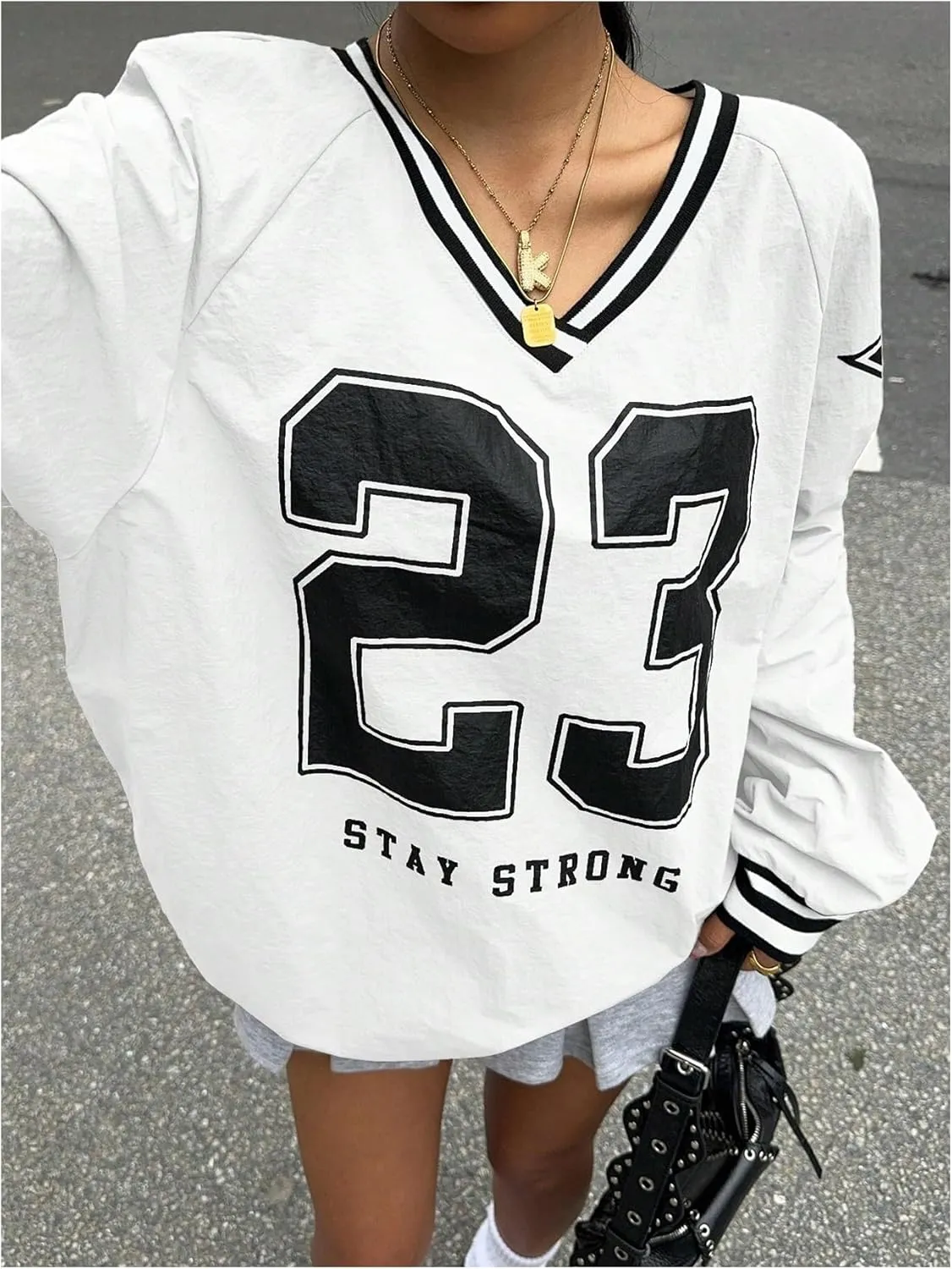Verdusa Women's Graphic Loose Jersey Shirts V Neck Long Sleeve Game Sweatshirts Top