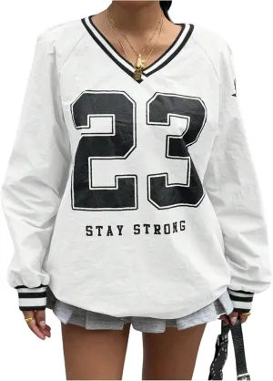 Verdusa Women's Graphic Loose Jersey Shirts V Neck Long Sleeve Game Sweatshirts Top