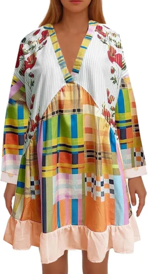 Vestidos Casuales para Mujer Cortos Boho V Neck Long Sleeve Ruffle Mini Dress 2024 Fall Casual Loose Babydoll Dress