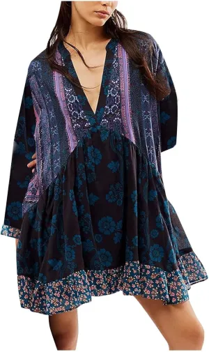 Vestidos Casuales para Mujer Cortos Boho V Neck Long Sleeve Ruffle Mini Dress 2024 Fall Casual Loose Babydoll Dress