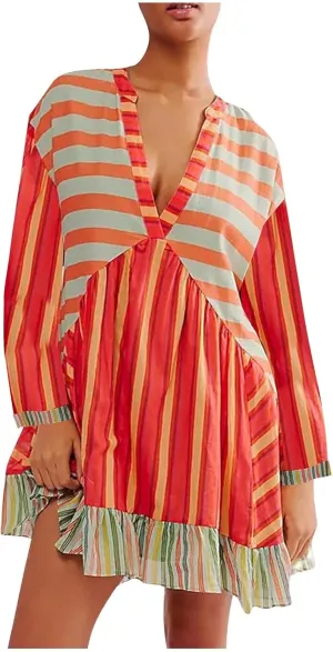 Vestidos Casuales para Mujer Cortos Boho V Neck Long Sleeve Ruffle Mini Dress 2024 Fall Casual Loose Babydoll Dress