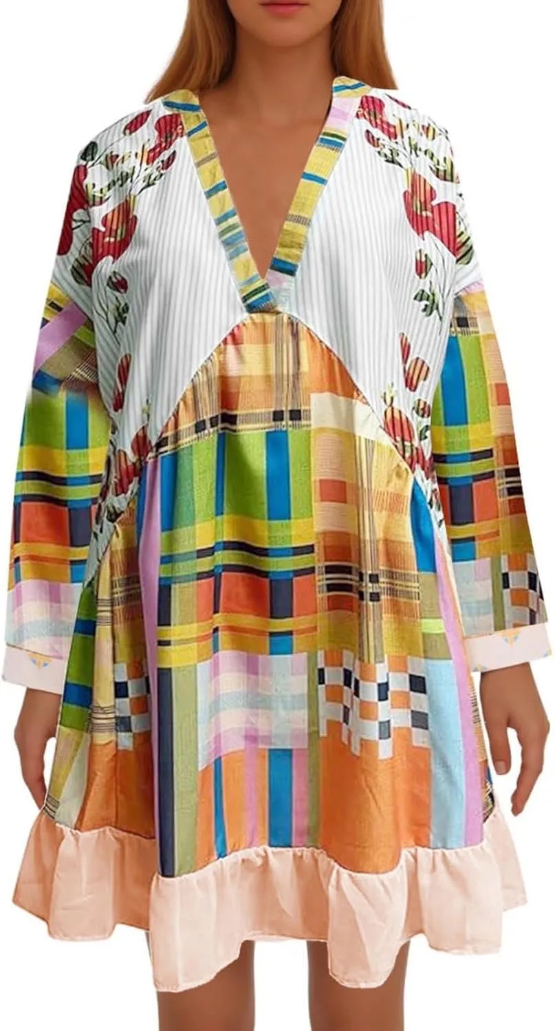 Vestidos Casuales para Mujer Cortos Boho V Neck Long Sleeve Ruffle Mini Dress 2024 Fall Casual Loose Babydoll Dress