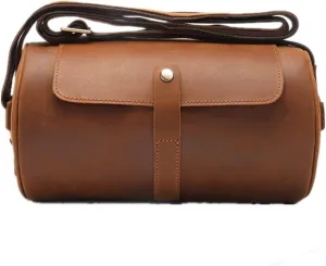 Vintage Crazy Horse Leather Men's Bag Cylinder Cowhide Crossbody Shoulder Bag