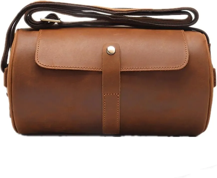 Vintage Crazy Horse Leather Men's Bag Cylinder Cowhide Crossbody Shoulder Bag