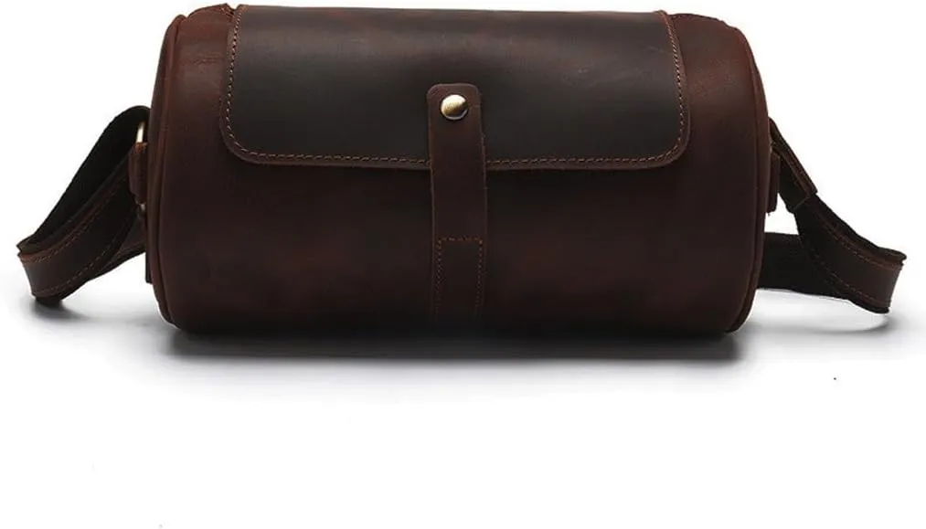 Vintage Crazy Horse Leather Men's Bag Cylinder Cowhide Crossbody Shoulder Bag