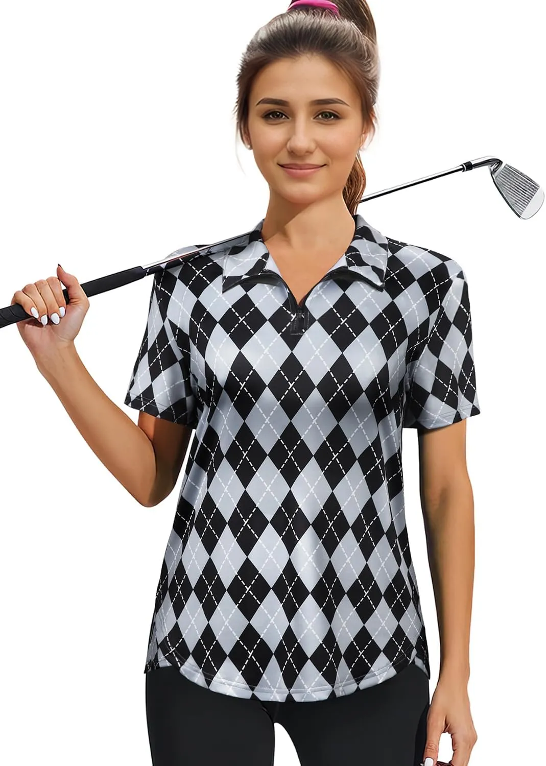 Vldnery Womens Golf Polo Shirts Quarter Zip Up Short Sleeve Printed Clothes Moisture Wicking Tennis Active Workout Tops