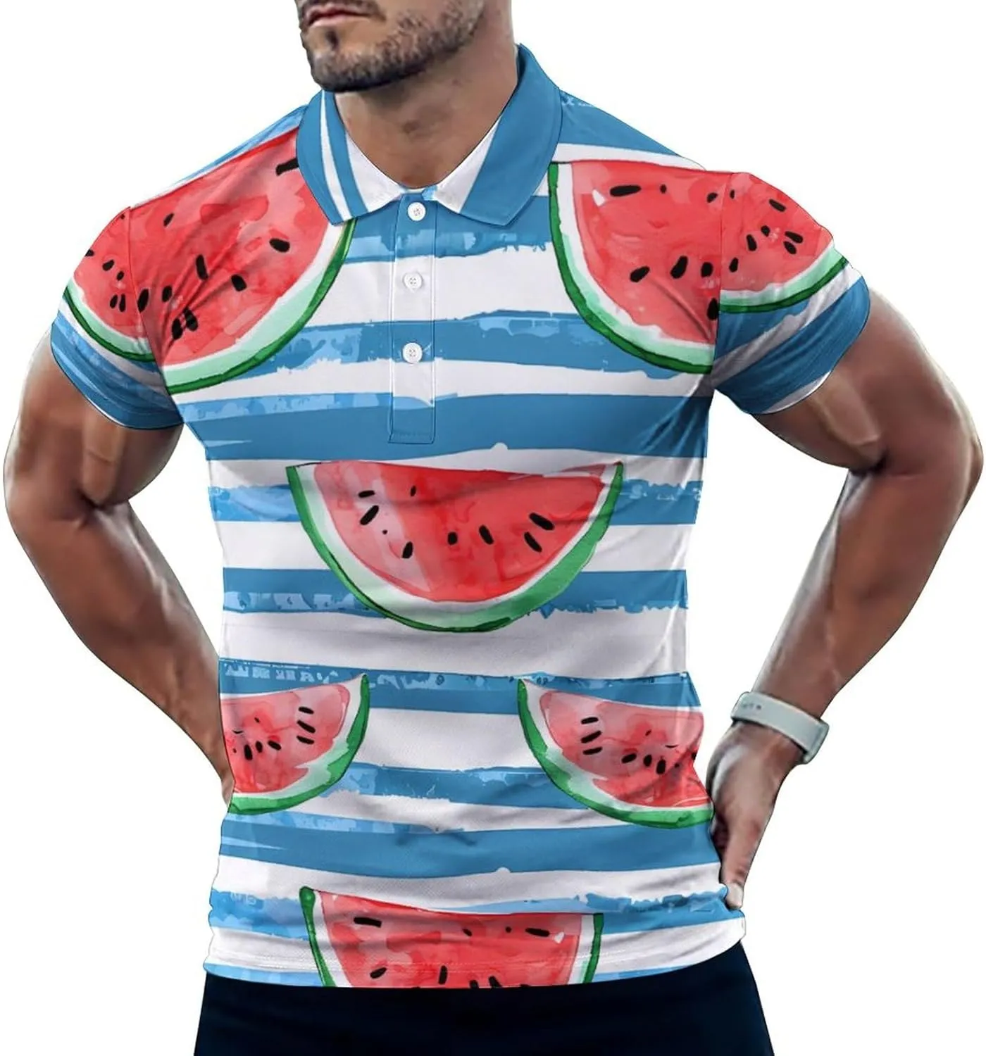 Watercolor Watermelon on Blue Stripes Mens Polo Shirts Quick Dry Short Sleeve Golf Slim Fit T Shirt