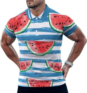 Watercolor Watermelon on Blue Stripes Mens Polo Shirts Quick Dry Short Sleeve Golf Slim Fit T Shirt