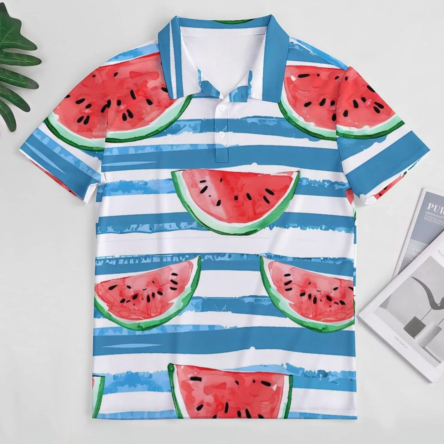 Watercolor Watermelon on Blue Stripes Mens Polo Shirts Quick Dry Short Sleeve Golf Slim Fit T Shirt
