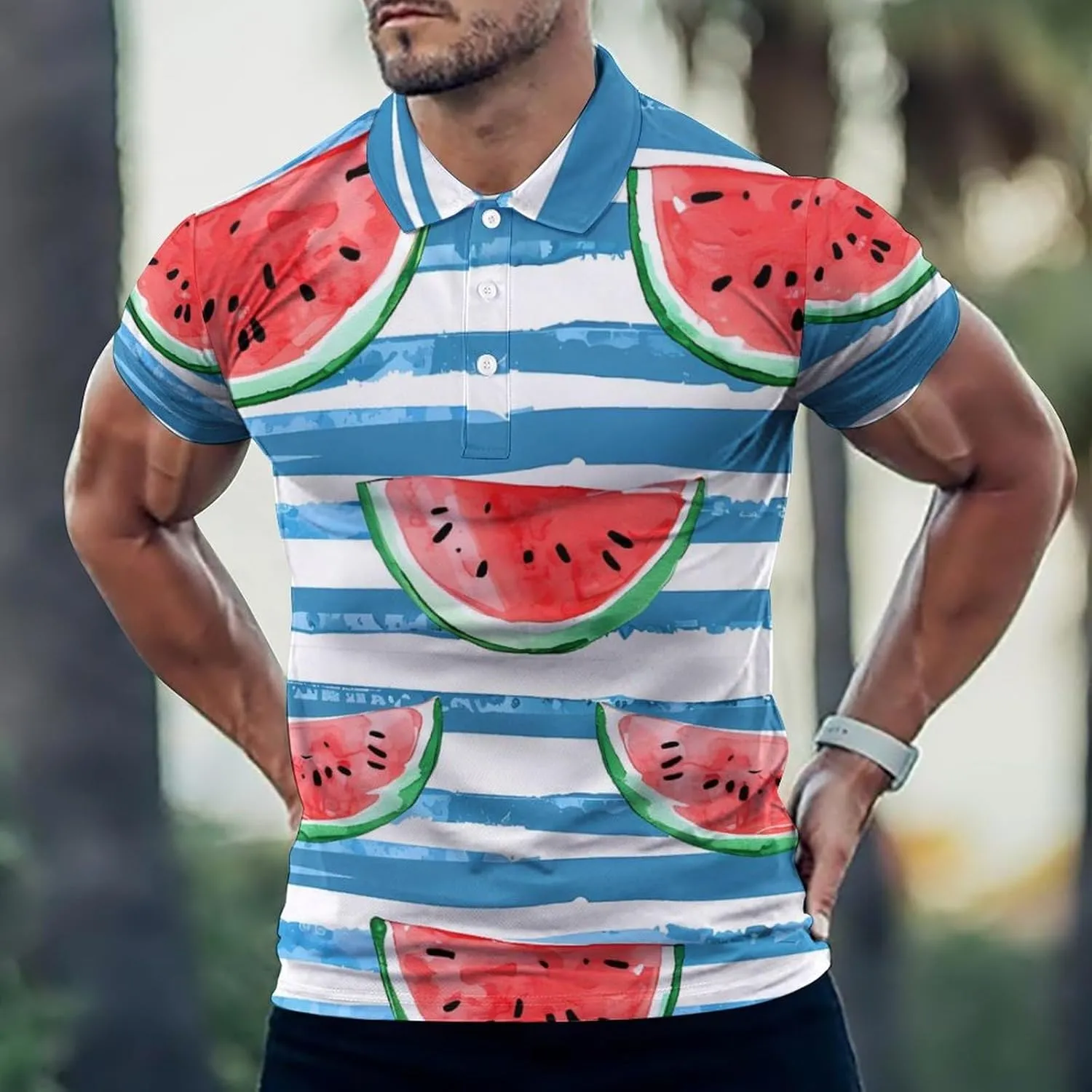 Watercolor Watermelon on Blue Stripes Mens Polo Shirts Quick Dry Short Sleeve Golf Slim Fit T Shirt