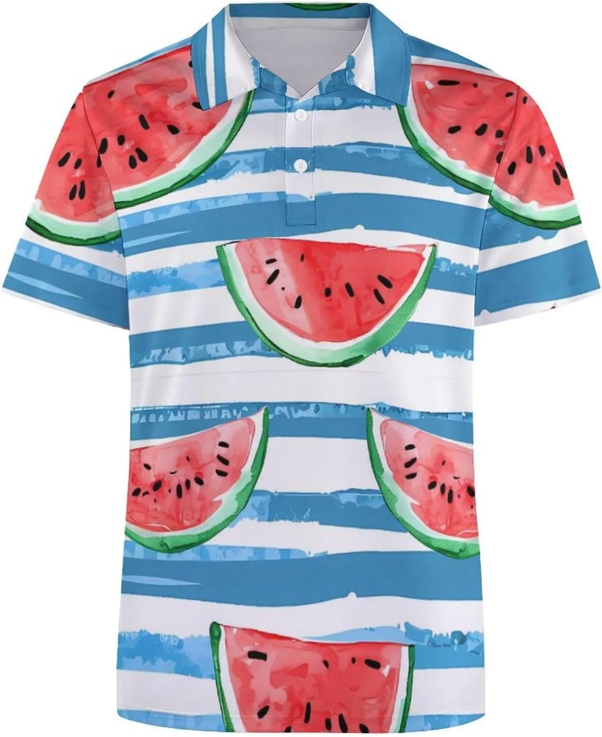 Watercolor Watermelon on Blue Stripes Mens Polo Shirts Quick Dry Short Sleeve Golf Slim Fit T Shirt