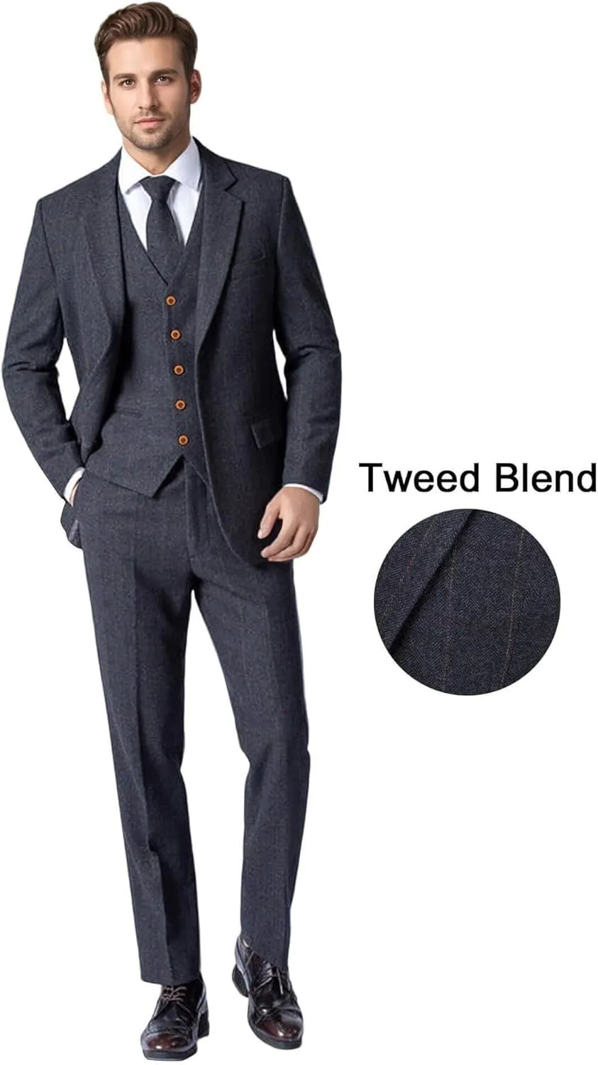 Wemaliyzd Vintage Men's Suit 3 Piece Plaid Tweed Herringbone Suits for Wedding Business Blazer Vest Pants