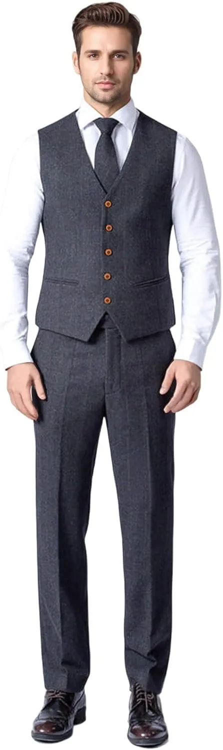 Wemaliyzd Vintage Men's Suit 3 Piece Plaid Tweed Herringbone Suits for Wedding Business Blazer Vest Pants