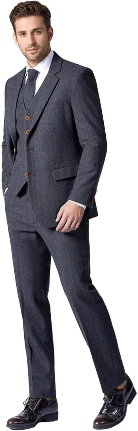 Wemaliyzd Vintage Men's Suit 3 Piece Plaid Tweed Herringbone Suits for Wedding Business Blazer Vest Pants