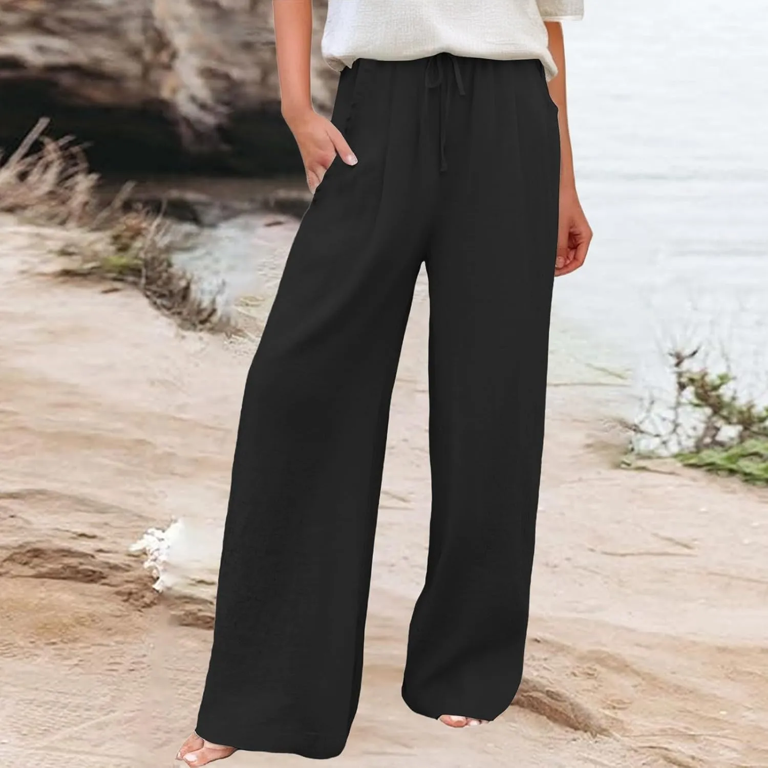 Wide Leg Palazzo Pants for Women Cotton Linen Summer Beach Vacation Trousers Dressy Loose Casual Sports Lounge Pants