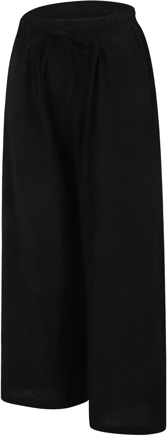 Wide Leg Palazzo Pants for Women Cotton Linen Summer Beach Vacation Trousers Dressy Loose Casual Sports Lounge Pants