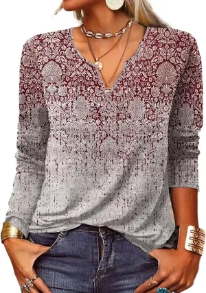 Woman Fall Shirts 2024 Boho Clothes Hippie Floral Print Bohemian Top V-Neck Casual Loose Sweatshirt