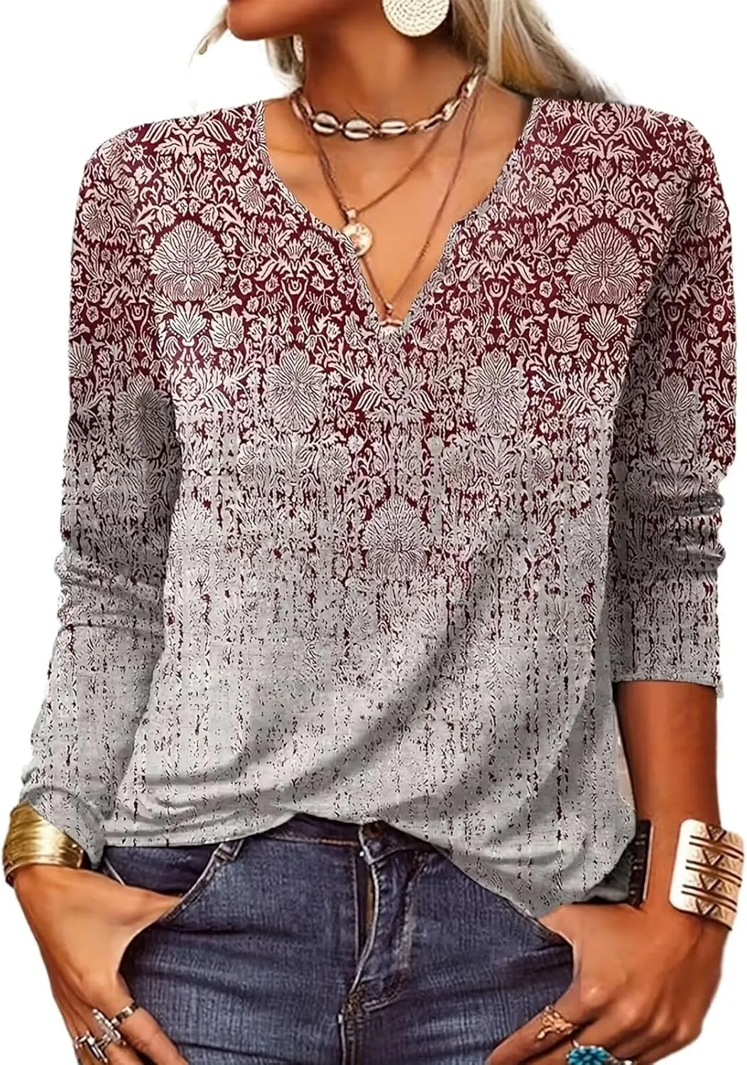 Woman Fall Shirts 2024 Boho Clothes Hippie Floral Print Bohemian Top V-Neck Casual Loose Sweatshirt