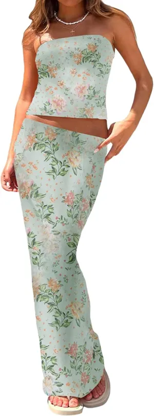 Women 2 Piece Maxi Skirt Sets Strapless Tube Tops Floral Bodycon Long Skirt Two Piece Outfit Y2k Summer Beachwear