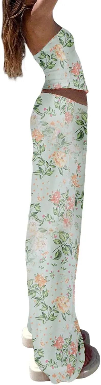 Women 2 Piece Maxi Skirt Sets Strapless Tube Tops Floral Bodycon Long Skirt Two Piece Outfit Y2k Summer Beachwear