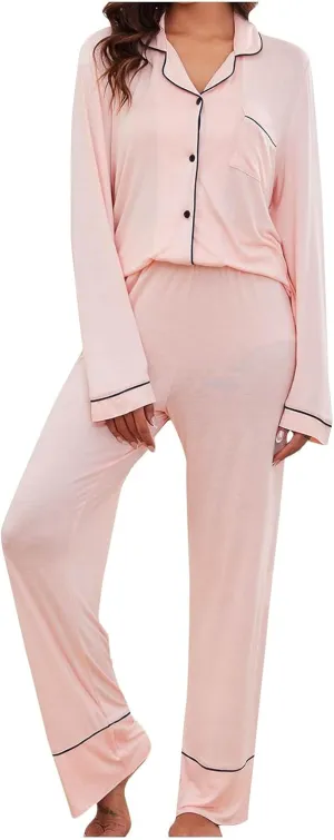 Women 2 Piece Pajamas Sets Long Sleeve Button Tops Sleepwear and Long Pants Outfits Casual Pajama Loungewear Set