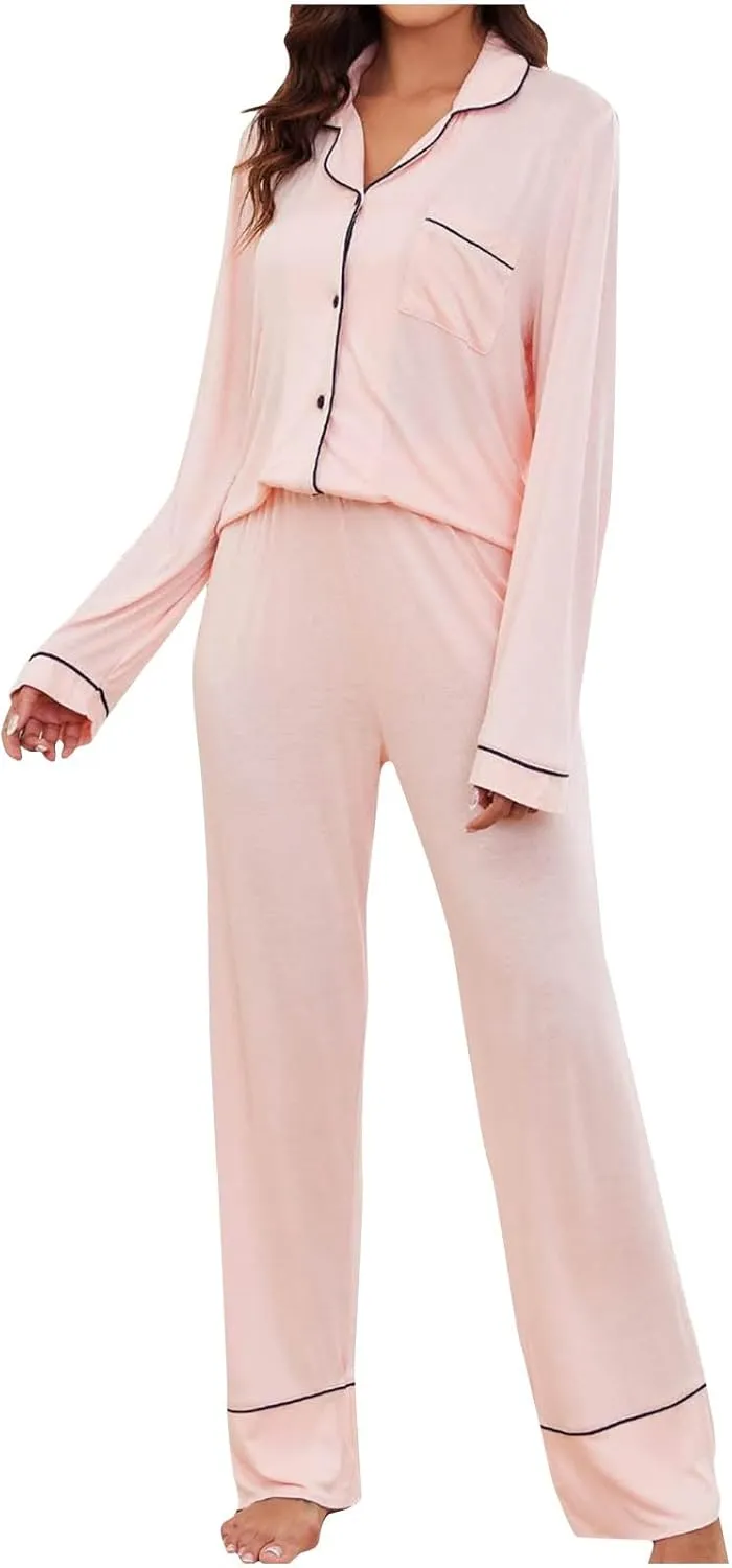 Women 2 Piece Pajamas Sets Long Sleeve Button Tops Sleepwear and Long Pants Outfits Casual Pajama Loungewear Set