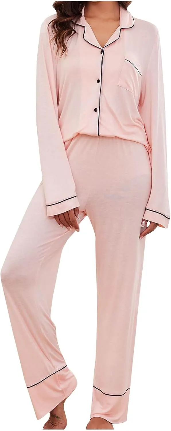 Women 2 Piece Pajamas Sets Long Sleeve Button Tops Sleepwear and Long Pants Outfits Casual Pajama Loungewear Set
